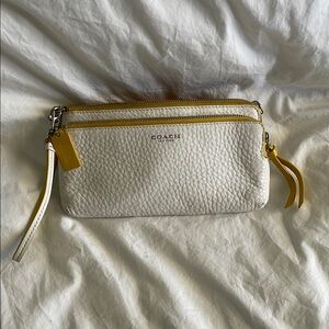 Coach White and Yellow Leather Wristlet with Gold Zipper